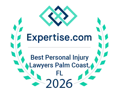 Expertise.com award: Best Personal Injury Lawyers Palm Coast, FL, 2026. Teal and blue logo with laurel wreath.