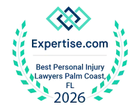 Expertise.com award: Best Personal Injury Lawyers Palm Coast, FL, 2026. Teal and blue logo with laurel wreath.