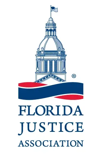 Florida Justice Association logo featuring a capitol building over a blue and red ribbon with text below.