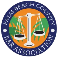 Palm Beach County Bar Association logo: Scales of justice over orange, green palm tree background within blue circle.