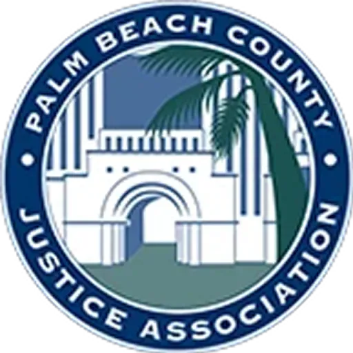 Palm Beach County Justice Association seal: Blue circle, white building with archway, palm frond, text.