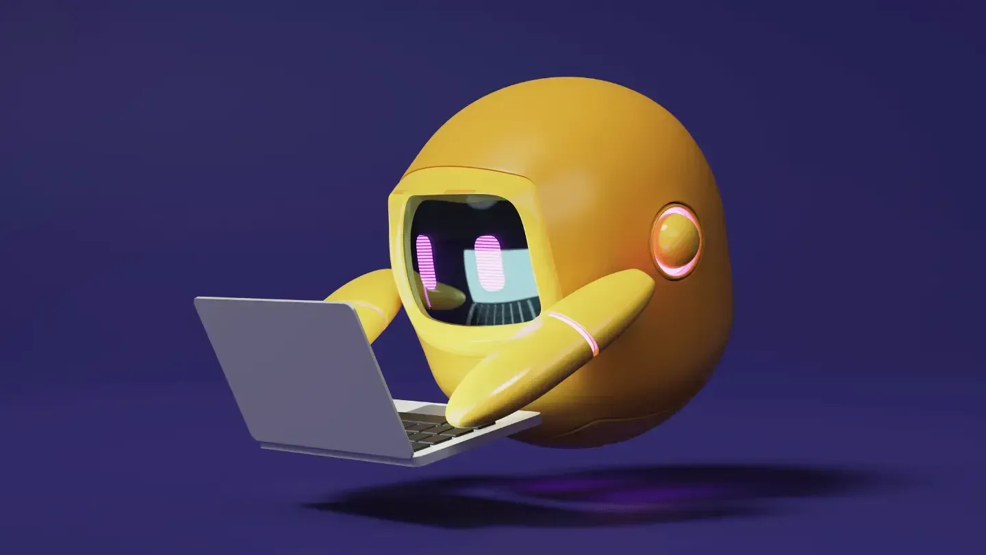 A yellow cartoon character is using a laptop computer.