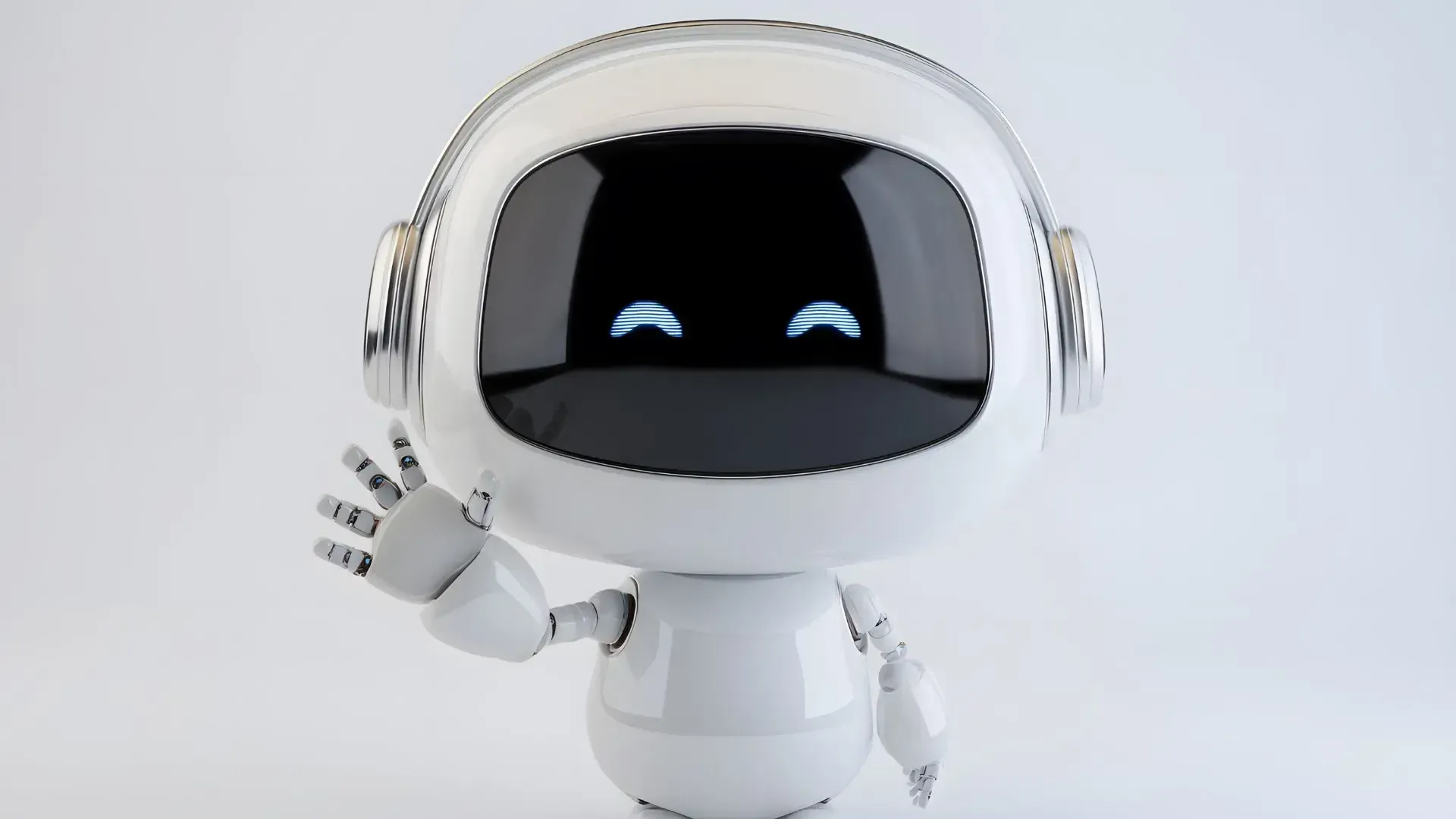 White robot waving, black screen face, blue eyes, on white background.