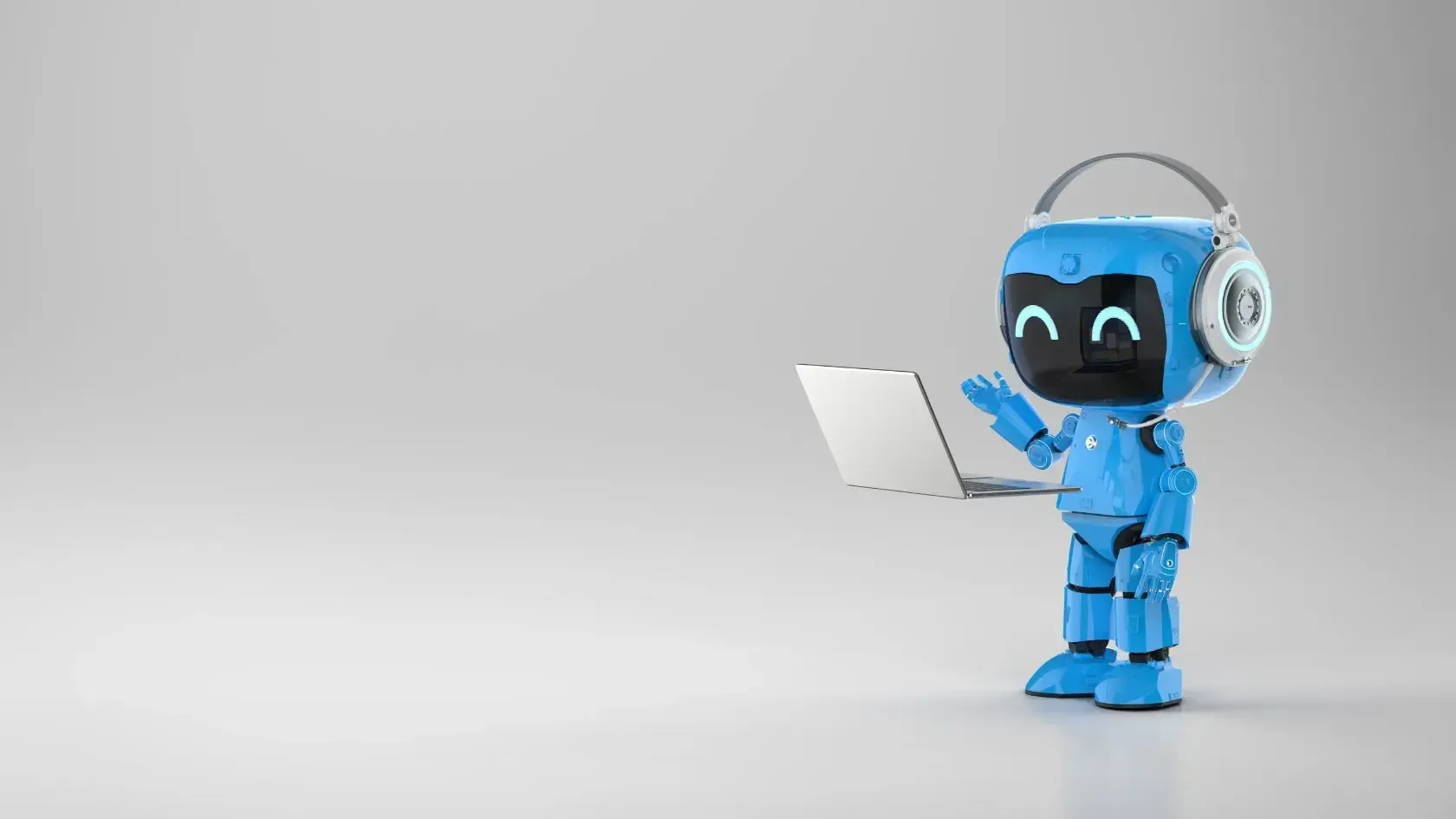 Blue robot with headphones, using a laptop and waving, on a light gray background.