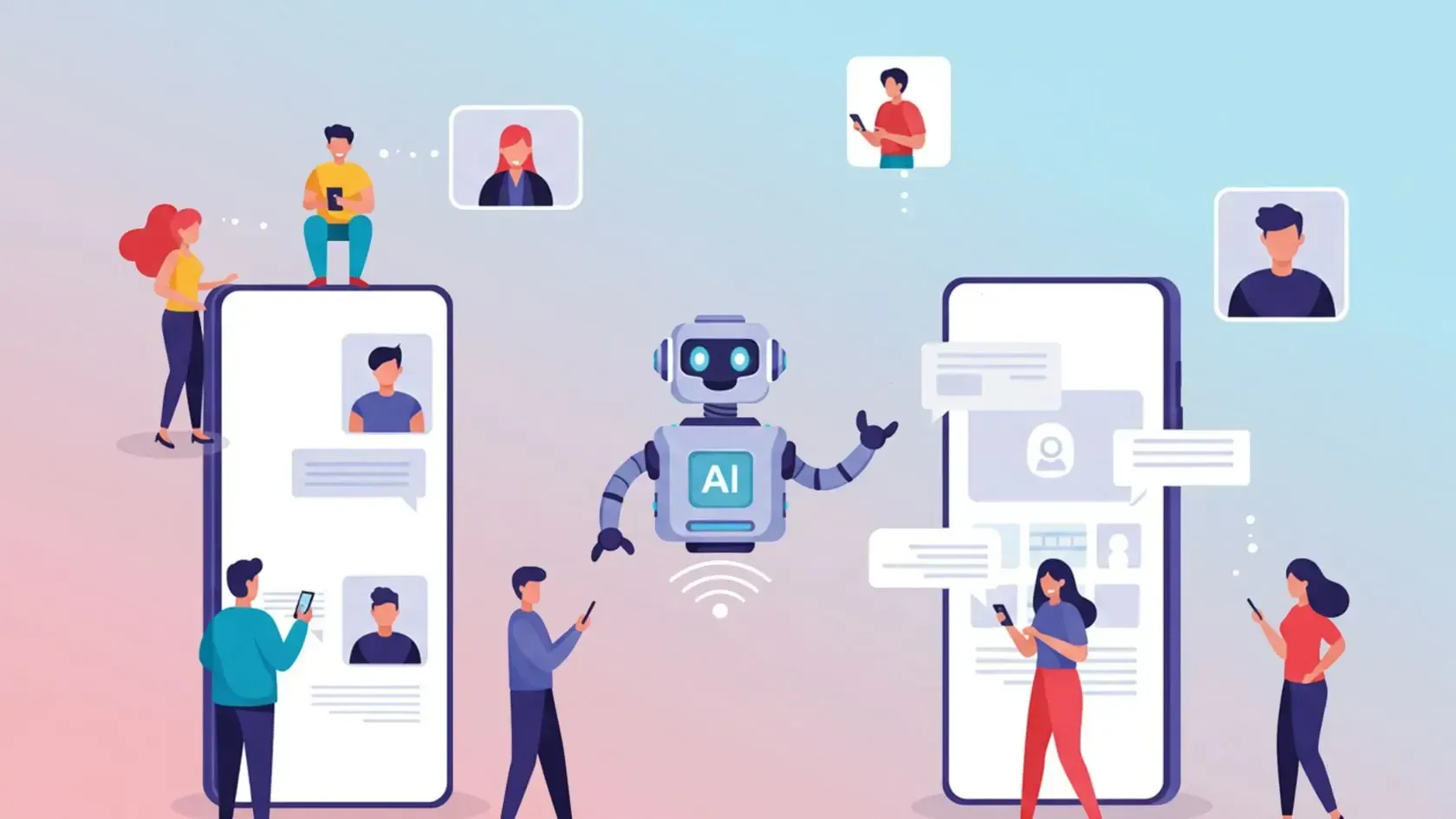 People interacting with phones and an AI robot, surrounded by chat bubbles, on a gradient background.