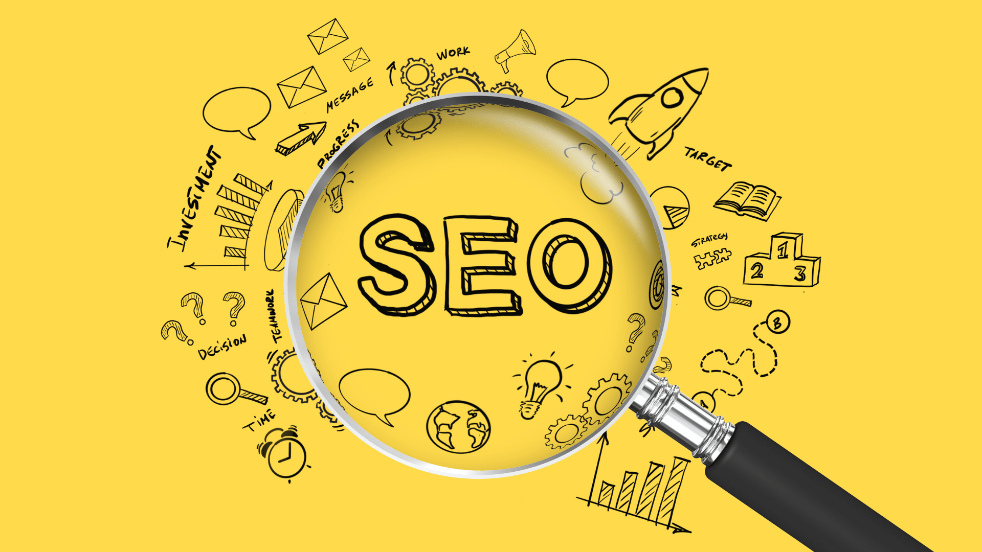 a magnifying glass is looking at the word seo on a yellow background .