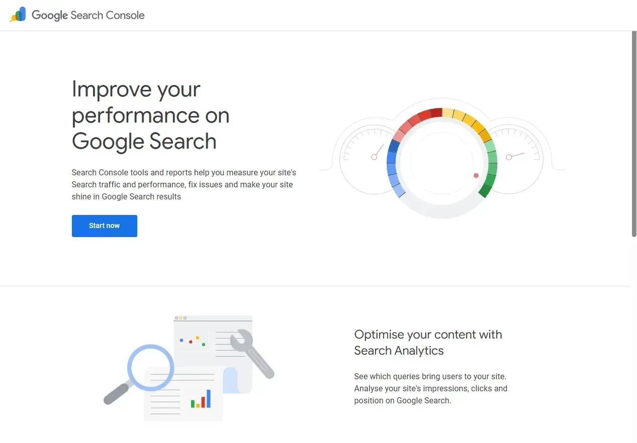 Google Search Console landing page; blue button, donut chart, and icons for tools.