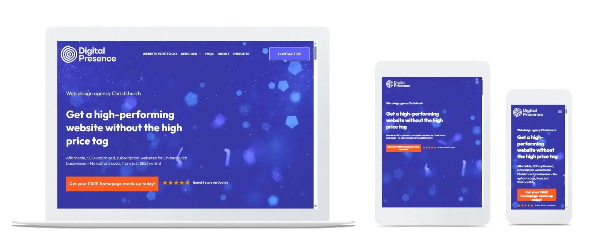 Website displayed on laptop, tablet, and phone screens, blue background with white text and orange button.