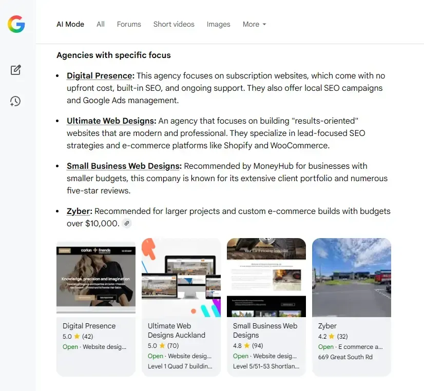 Google search results for web design agencies, with descriptions and image thumbnails.