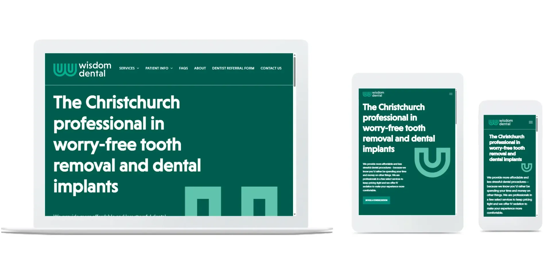 Website design on laptop, tablet, and smartphone screens, teal background, dental care branding.