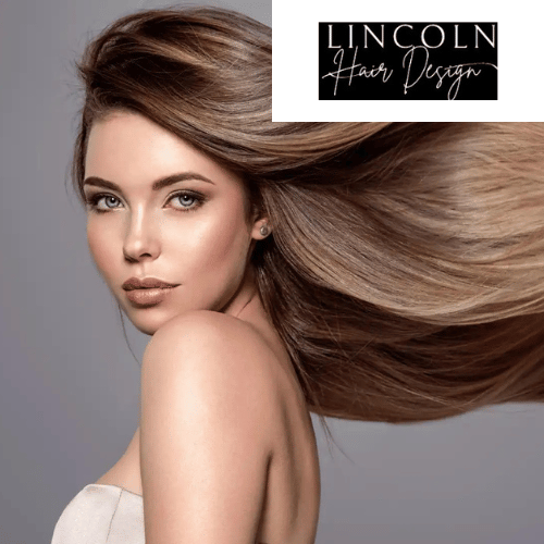 a woman with long hair is standing in front of a lincoln hair design logo