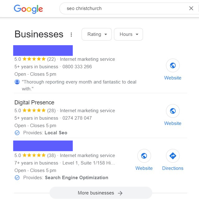 search for SEO Christchurch in local Google search results