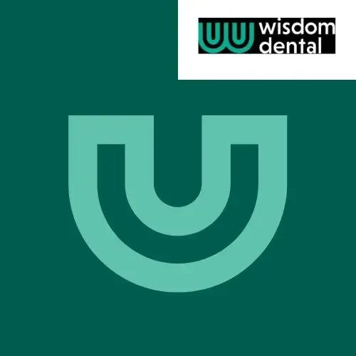 Teal stylized “U” shape logo on teal background for Wisdom Dental with logo in the upper right corner.
