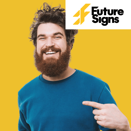 a man with a beard is pointing at something in front of a complete digital signage and print logo