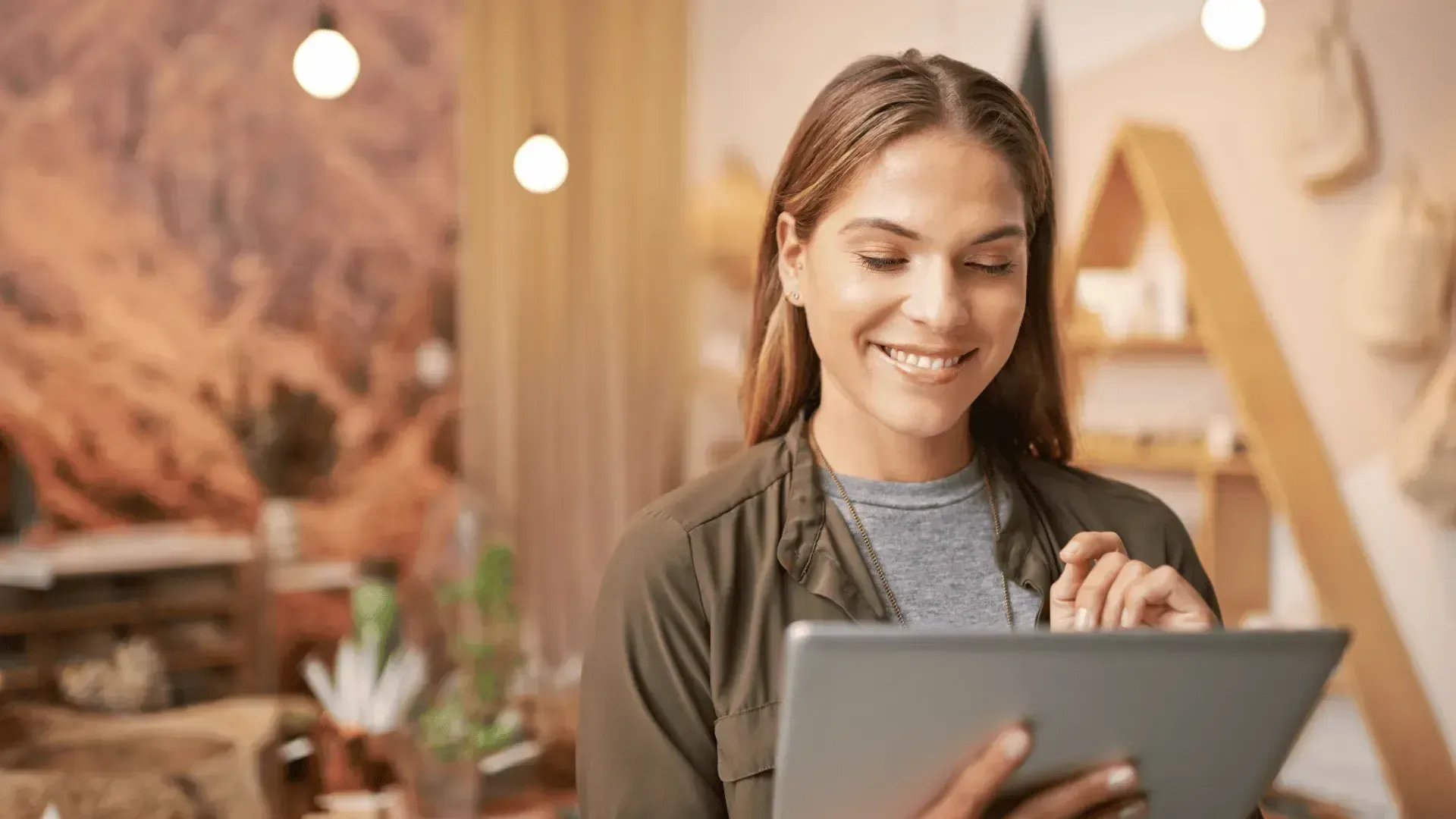 A woman is using a tablet computer in a store.