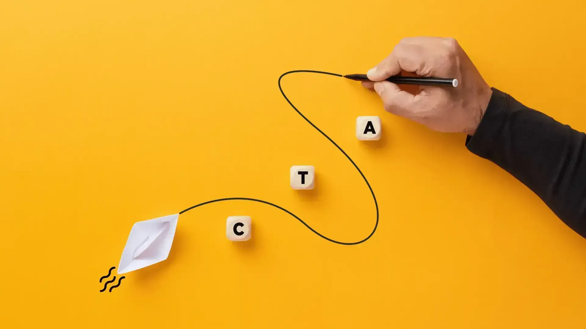 Hand drawing a line to follow sequence of letters: C, T, A, near a paper airplane on yellow background.