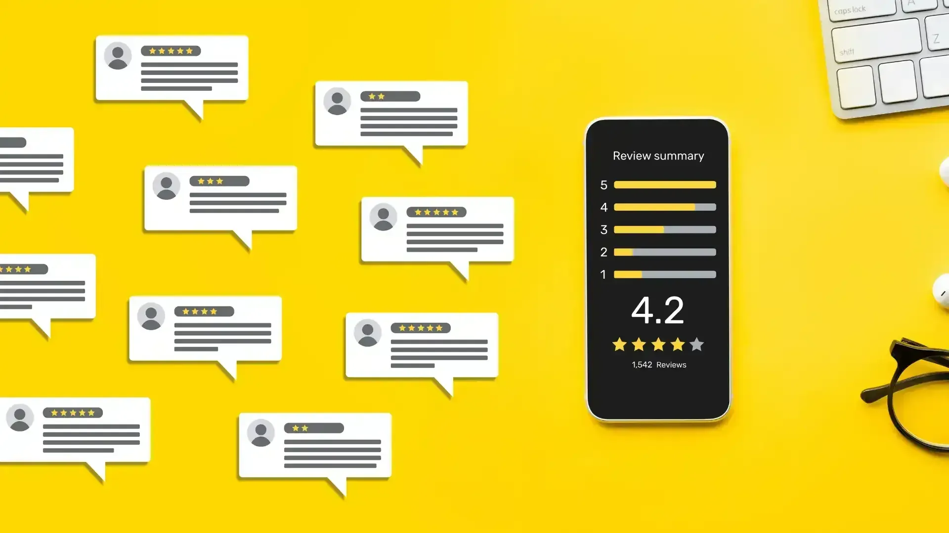 Smartphone showing 4.2-star rating, surrounded by customer review speech bubbles, on yellow background.