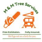 Logo for M & M Tree Services featuring a chainsaw and a lift truck. Text: "Free Estimates," "Fully Insured."