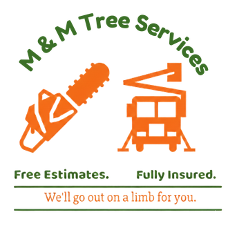Logo for M & M Tree Services featuring a chainsaw and a lift truck. Text: "Free Estimates," "Fully Insured."