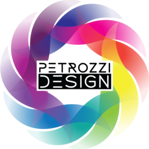 Un logo per petrozzi design con un cerchio color arcobaleno
