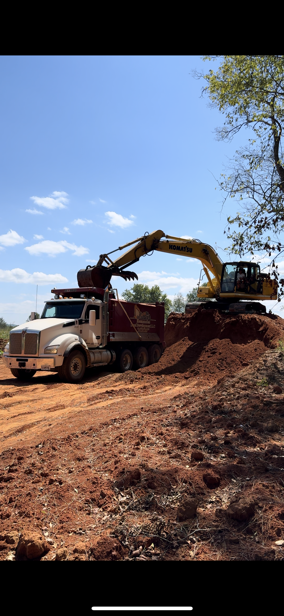 A dump truck is being loaded with dirt by an excavator.