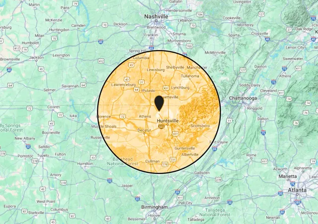 A map of a city with a circle around it.