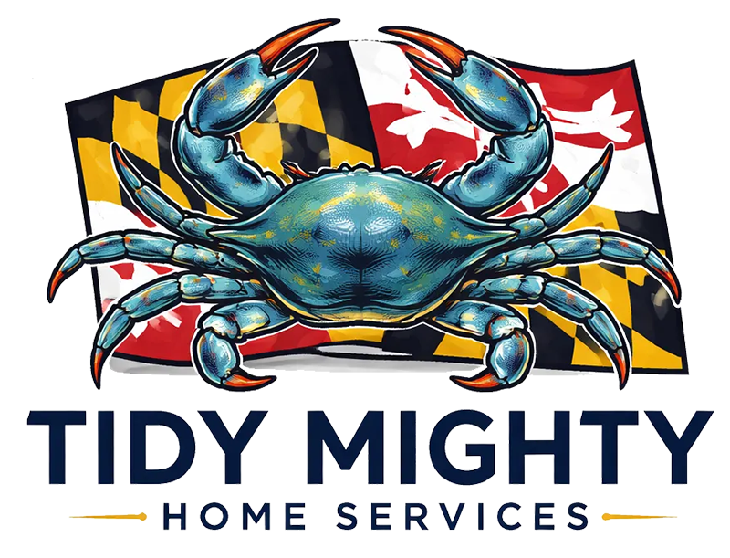 Cartoon dog holding trash bag with junk pile; "Tidy Mighty" logo.