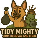 Cartoon dog holding trash bag with junk pile; "Tidy Mighty" logo.