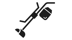 a black and white silhouette of a weed whacker on a white background .