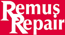 a red and white logo for remus repair