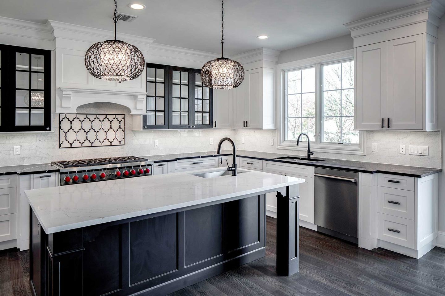 Kitchen with two sinks, pendant lighting
