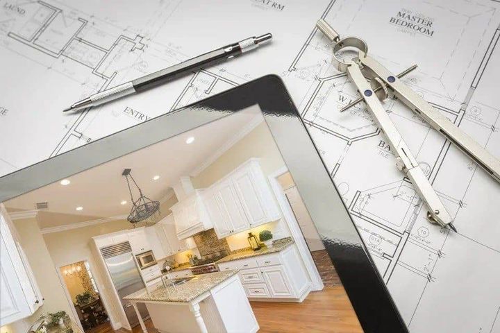 Computer Tablet Showing Finished Kitchen On House Plans, Pencil