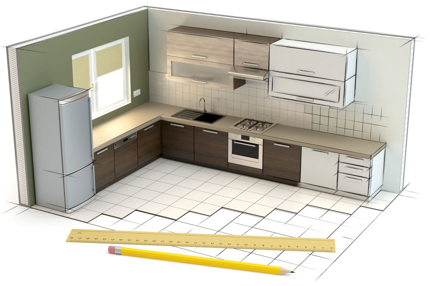Project of kitchen, 3D illustration