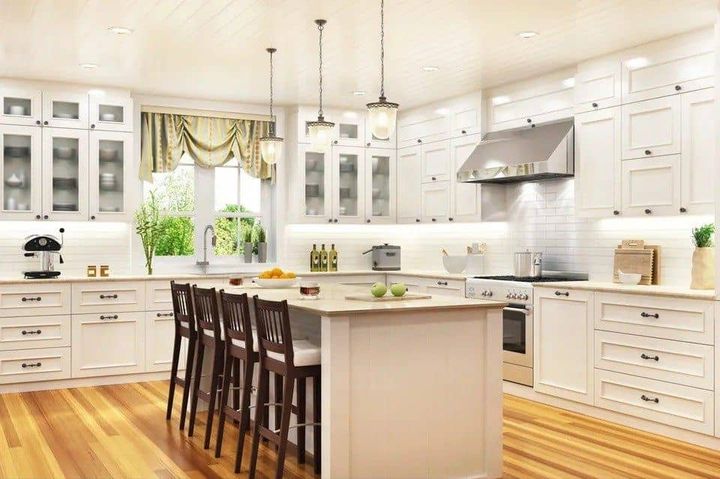 Luxurious white kitchen in a large beautiful house