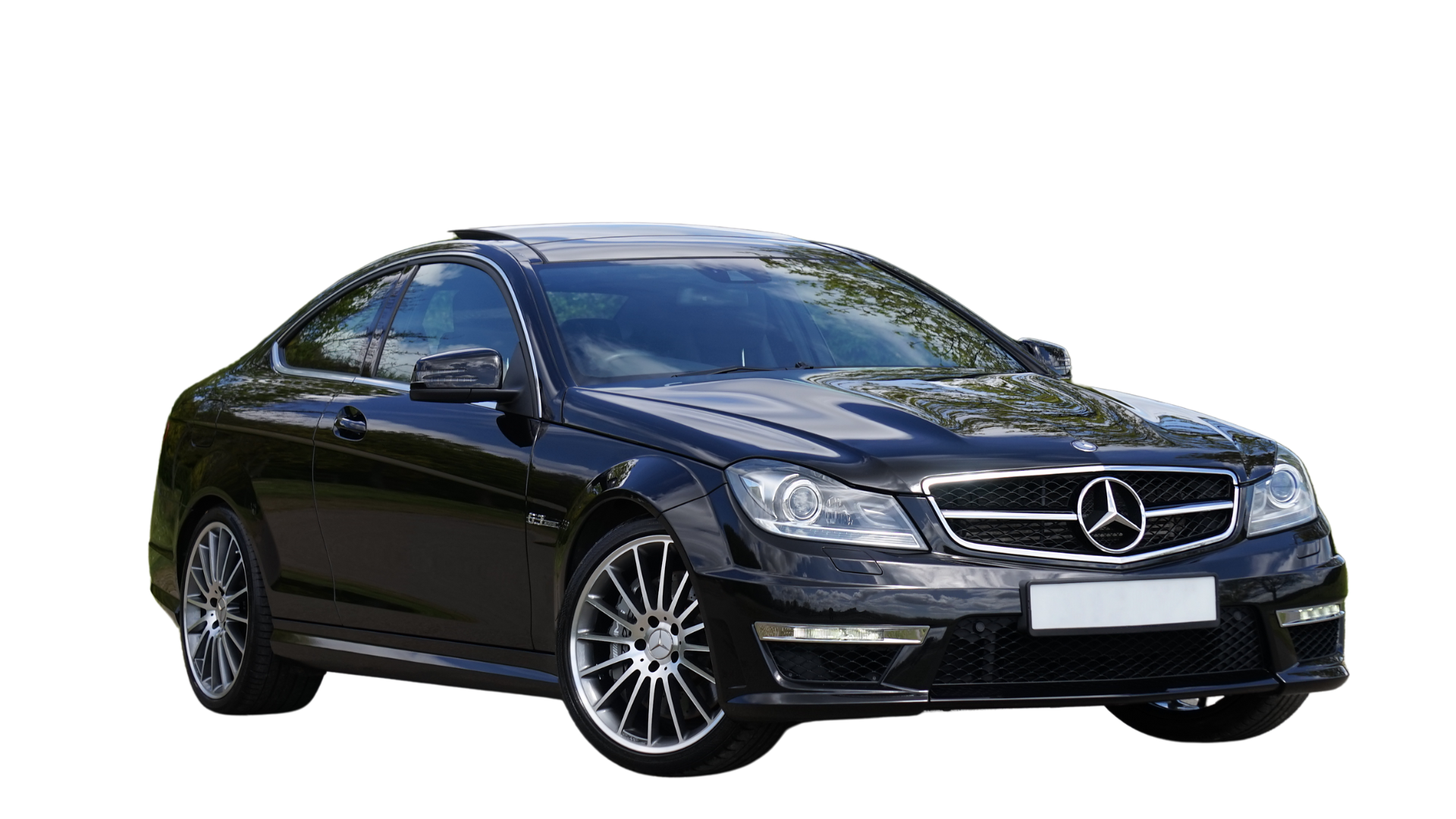 A black car with white wheels and tires on a white background