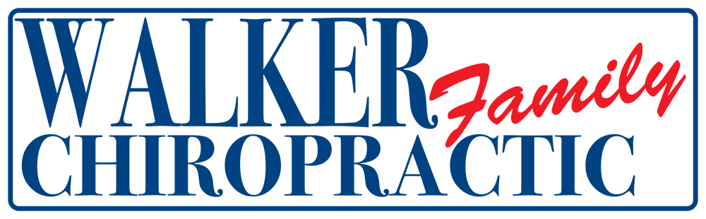 the logo for walker family chiropractic is blue and red