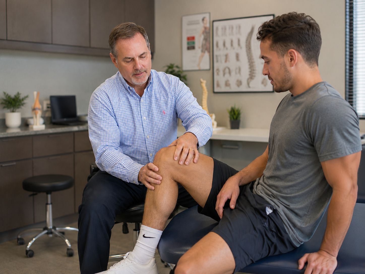 Walker a sports chiropractor in Fayetteville, NC is helping a patient with knee pain.