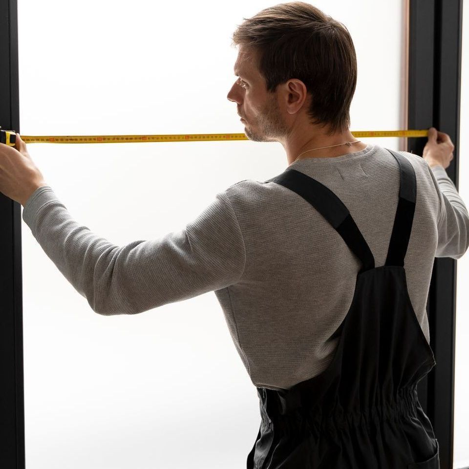 a man is measuring a window with a tape measure