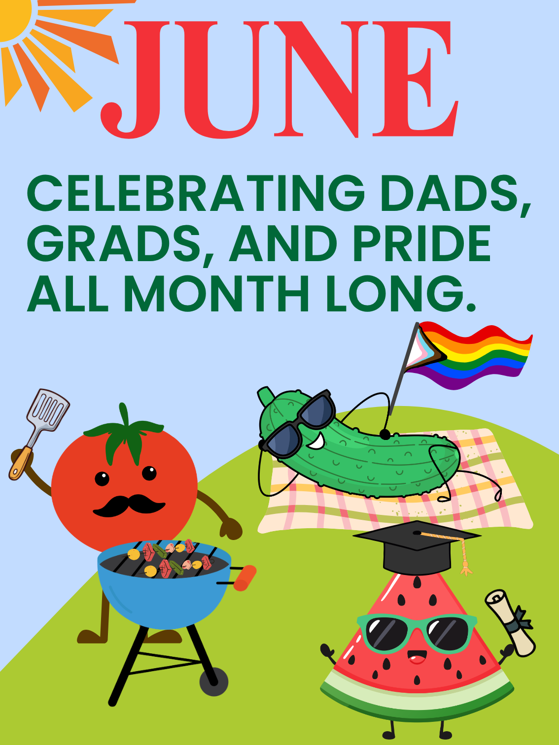 June ad with veggie and fruit characters