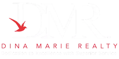 The logo for dina marie realty has a red bird on it.