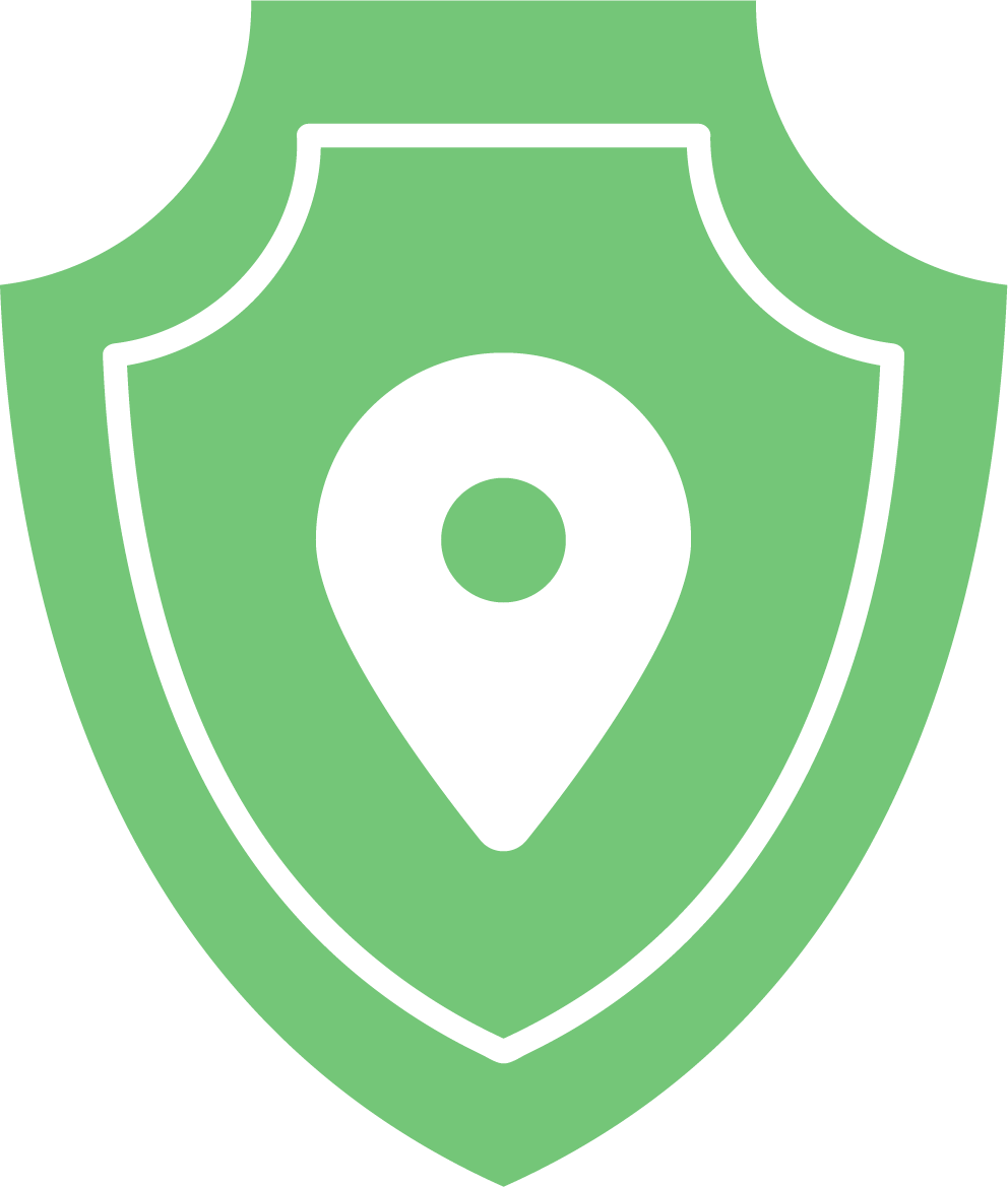 A green shield with a white pin on it.