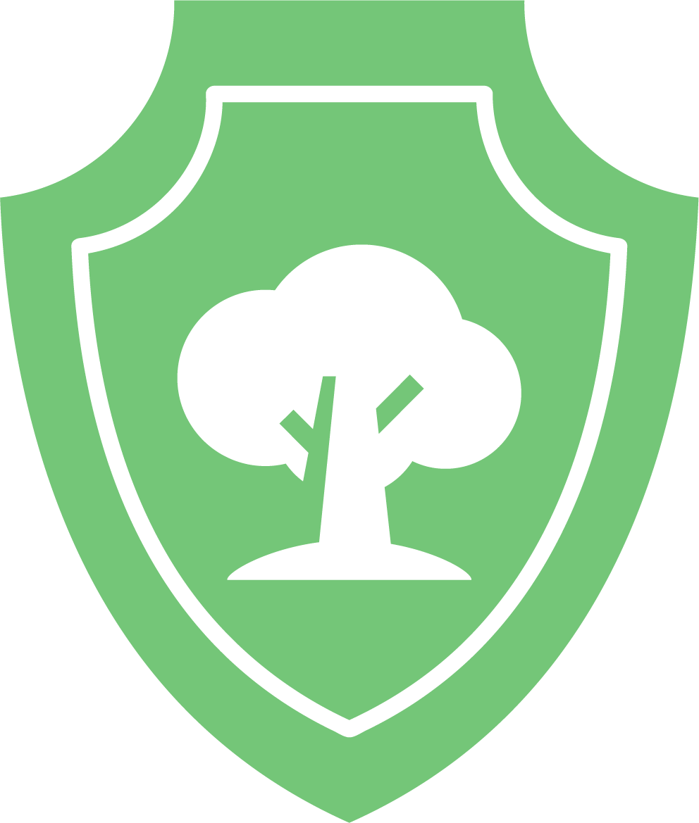 A green shield with a tree inside of it.