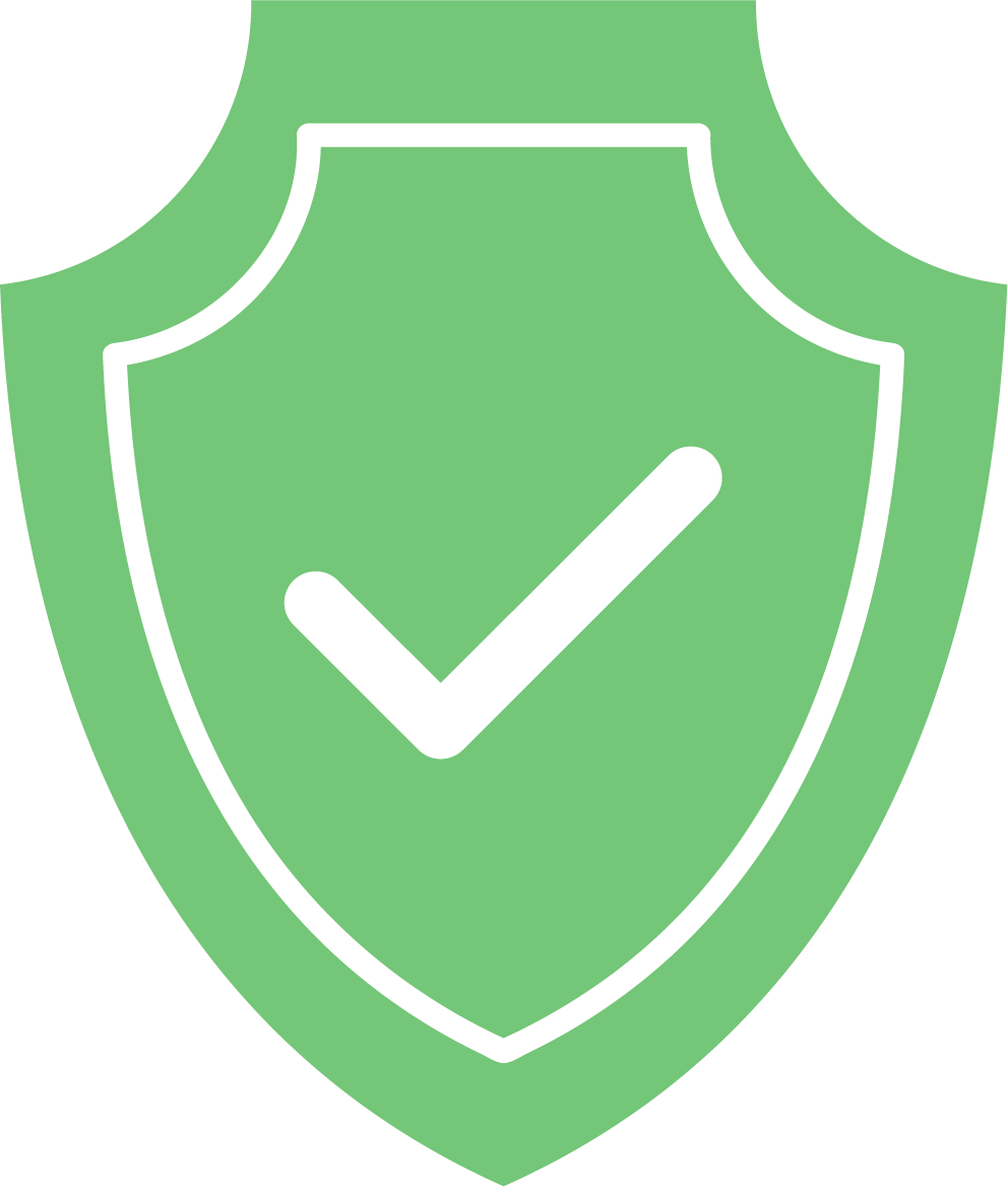 A green shield with a white check mark on it.