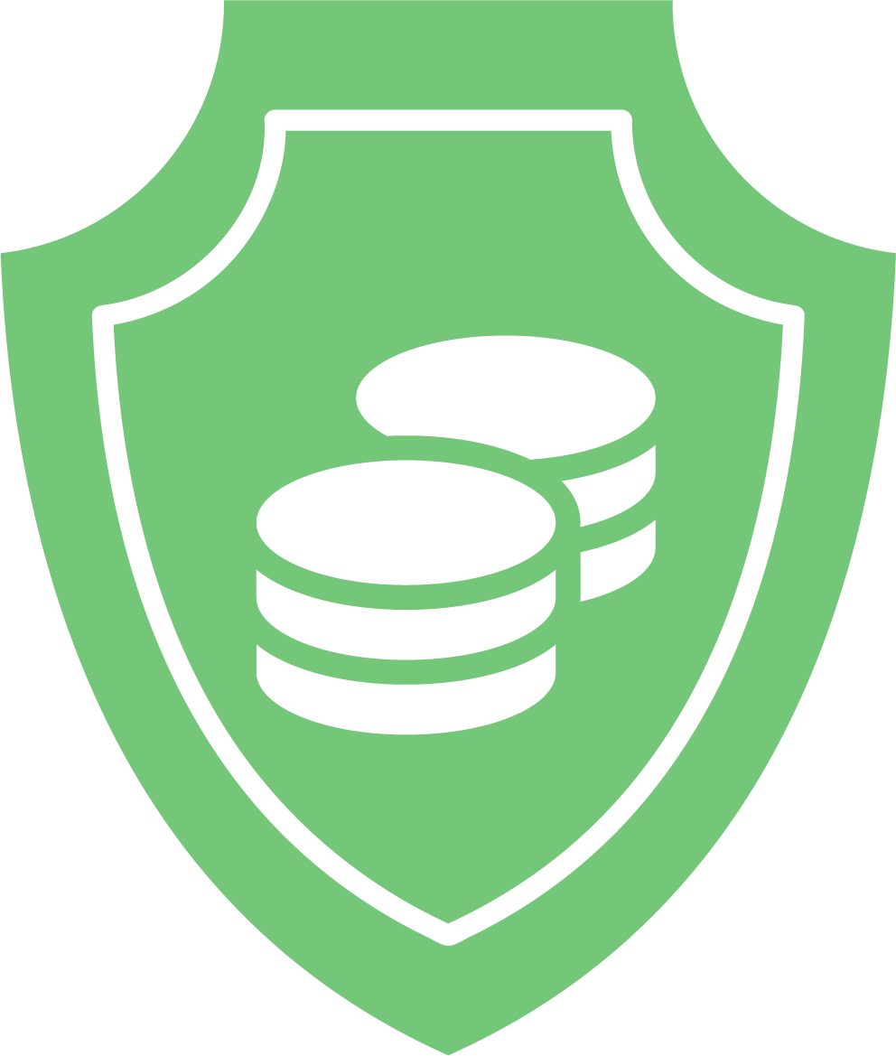 A green shield with a stack of coins inside of it.