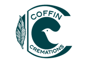 Logo for Coffin Cremations: teal "C" shape with a dove and text, feather at the left.
