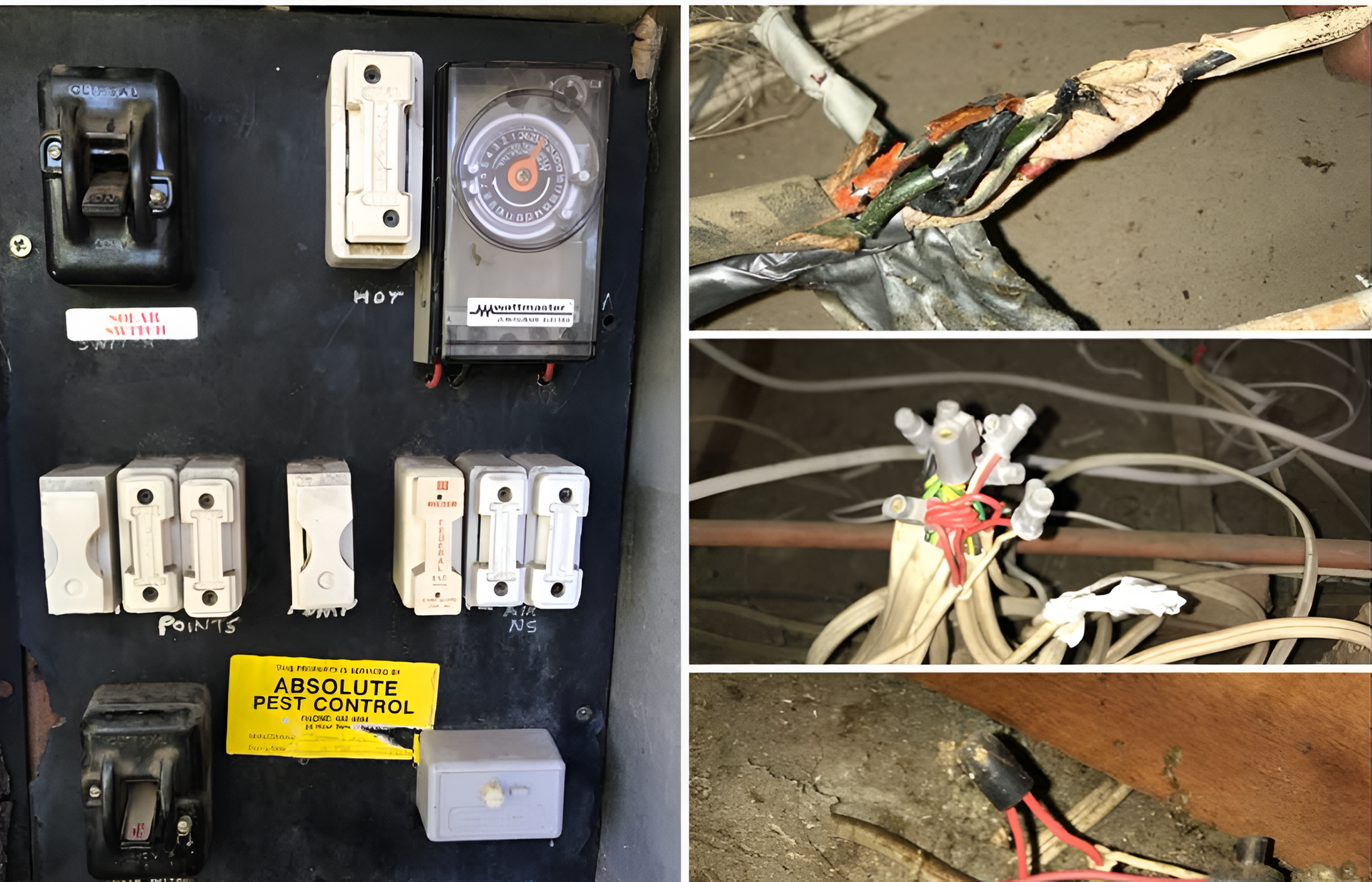 Electrical Panel and Wiring Damage Collage Showing Switches — Quik Fire Electrical in Kelmscott, WA
