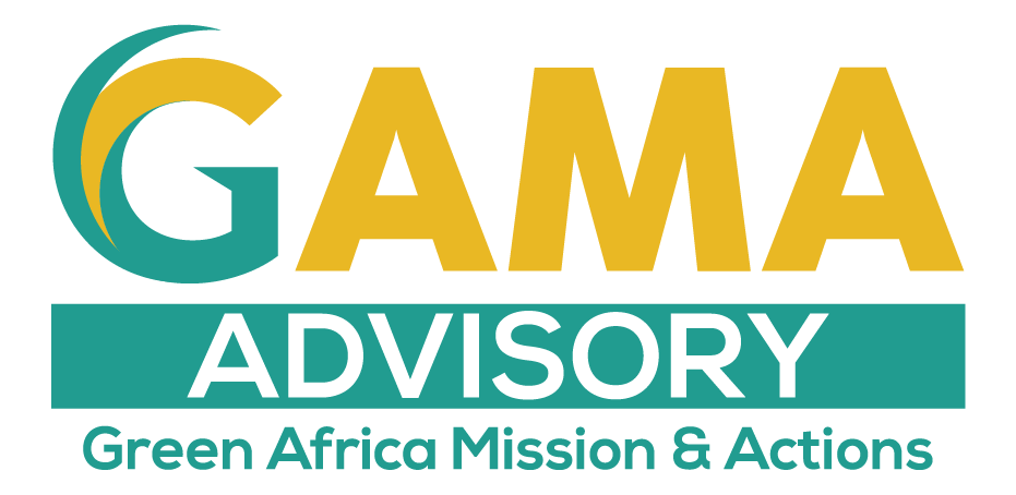 Logo de GAMA Advisory. De couleur turquoise et or, le logo comporte l'inscription GAMA, et en dessous ADVISORY et du texte.