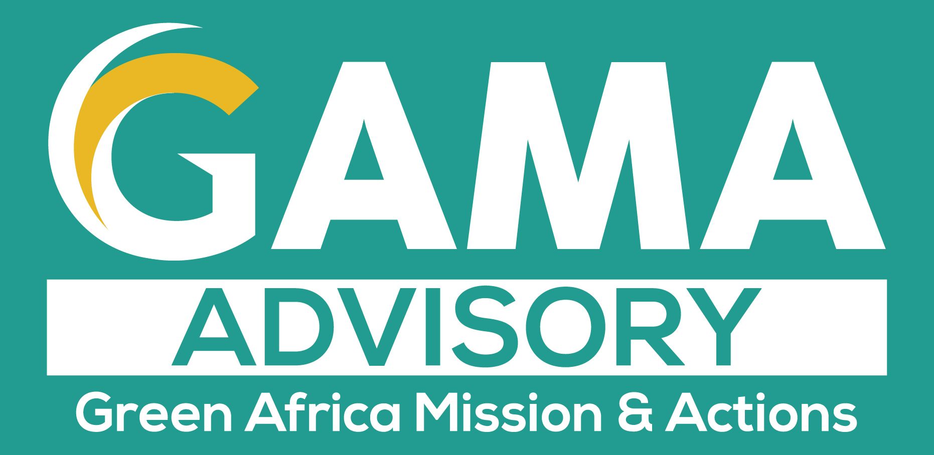 Logo de GAMA Advisory. Texte blanc sur fond turquoise, avec un design incurvé et des accents dorés.