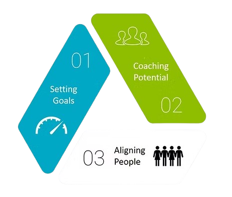Diagram showing steps: Setting Goals, Coaching Potential, and Aligning People. Blue and green shapes, icons.