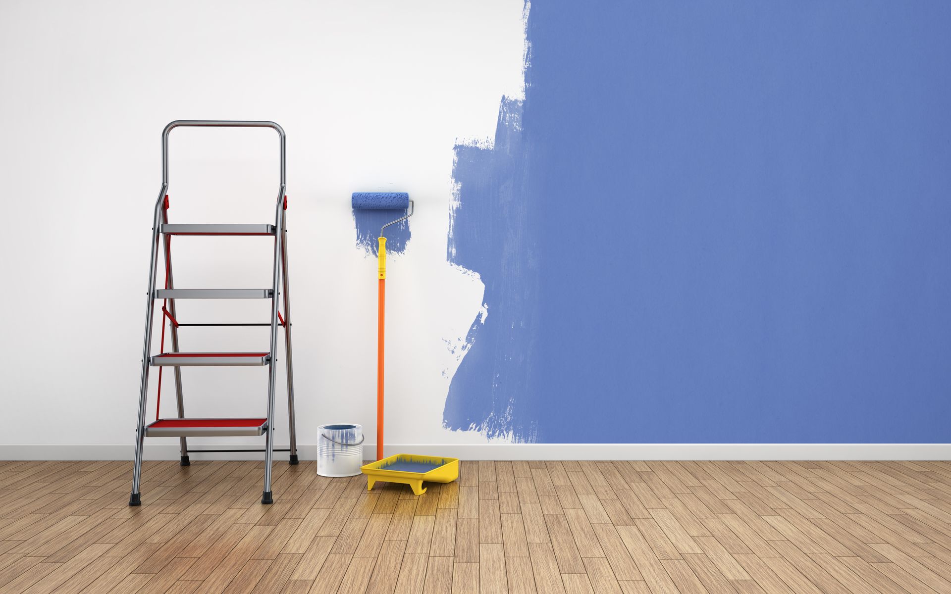 Ladder, paint roller, and paint can against a wall being painted blue; wooden floor. Ladder, paint roller, and paint can against a wall being painted blue; wooden floor.